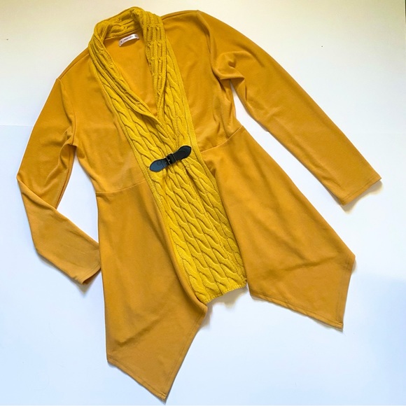 EUC DRESSFO CABLE COLLAR LONG TAPERED Mustard Gold CARDIGAN SWEATER w BUCKLE MED - Picture 12 of 12